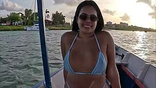 brazilian latina wife in bikini on boat ride... showing off her curves