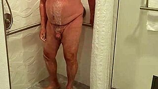 raw older man taking sexy shower in bathroom solo