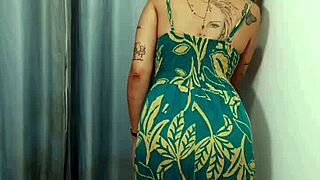 Horny milf in dress gets clothes ripped for wet pussy licking and doggystyle fucking in public changing room.