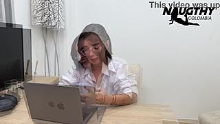 Secretary with small tits and skinny ass gets horny texting her girlfriend, teasing with toys in solo play