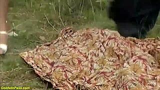 Cute Busty Blonde Gets Fucked Hard by Huge Cock in Forest Outdoor Scene