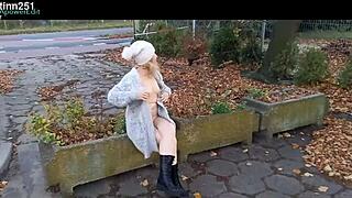 brunette milf flashes natural tits in public stripping and outdoor undressing