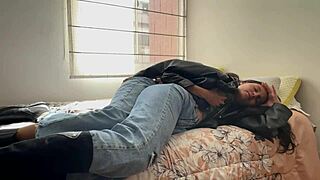 two dirty lesbianas get wild fingering and scissoring with leather jackets and boots on