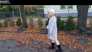 brunette milf flashes natural tits in public stripping and outdoor undressing