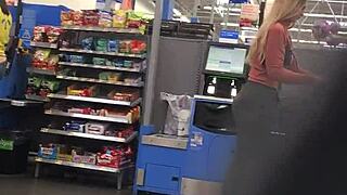 Blonde milf shows off her nice ass in tight spandex.