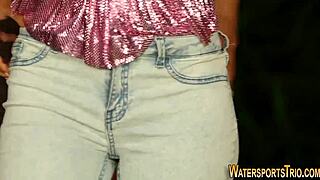 Fetish slut in stockings gargles golden shower piss