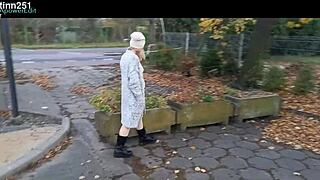 brunette milf flashes natural tits in public stripping and outdoor undressing