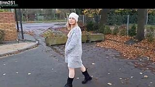 brunette milf flashes natural tits in public stripping and outdoor undressing