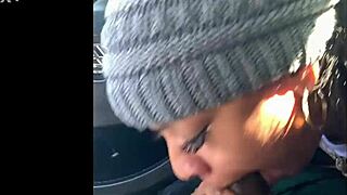 Ebony snowboarder gives deepthroat blowjob with ball licking and cum in mouth outdoors.