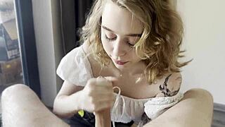 Overwhelmed with Passion Young Petite Blonde Babe Swallows Cum