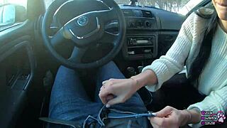 slutty brunette teen gives car blowjob with cum swallow on the street