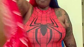 Spider Girl Shabrim Cosplay With Striptease Until Clothes Ripped Off In Costume Action