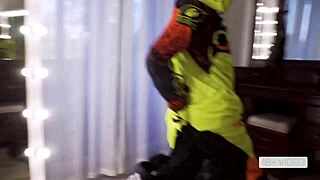 horny teen 18+ in mask gets passionate anal and titty fuck on motorcycle