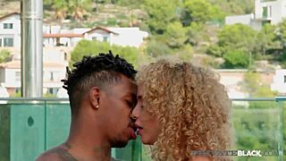 Petite blonde babe in lingerie contrasts with big black cock riding to explosive facial orgasm