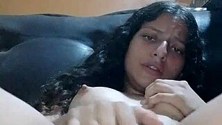 Hot Latina amateur with natural tits masturbates wildly on furniture and almost gets caught!