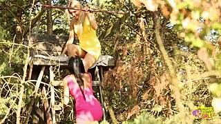 Blonde and brunette babes enjoy passionate outdoor lesbian sex with licking and fingering