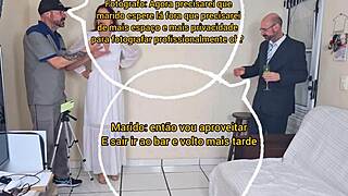 Bride cheats with photographer in uniform blowjob while husband waits outside