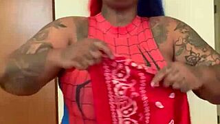 Spider Girl Shabrim Cosplay With Striptease Until Clothes Ripped Off In Costume Action