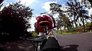 Teasing bike ride flashes panties under miniskirt, drawing an old guy's lust for outdoor anal pounding and gaping cumshot