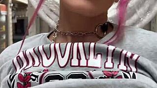 busty babe, look at me flashing my pierced tits all over the home store