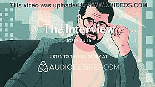 During the interview, she starts rubbing her tits sensually. Then she cums all over herself and asks for my dick, so I give it to her eagerly.