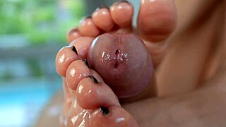 daddy gives oily footjob and deep pussy fucking in massage parlor closeup