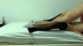 petite brunette babe in stockings moans during passionate missionary fucking with college roommate ending in creampie