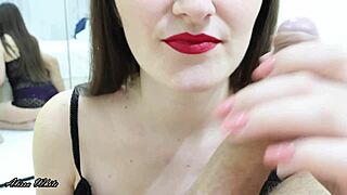 Oh, the Intense Desire as Petite Brunette with Red Lips Delivers Pulsating Cum in Mouth Blowjob in Bedroom