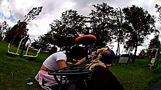 Teasing bike ride flashes panties under miniskirt, drawing an old guy's lust for outdoor anal pounding and gaping cumshot