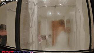 Chubby british girl next door flashes wet pussy in shower voyeur scene