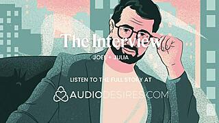 During the interview, she starts rubbing her tits sensually. Then she cums all over herself and asks for my dick, so I give it to her eagerly.