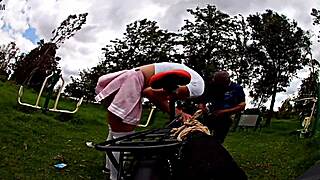 Teasing bike ride flashes panties under miniskirt, drawing an old guy's lust for outdoor anal pounding and gaping cumshot