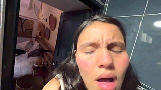 Amateur stepmom passionately masturbates wet pussy in bathroom mirror with sensual fingering