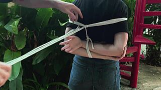 Look at this beautiful blonde from the park, all bound up and moaning in outdoor tickling fun