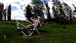 Teasing bike ride flashes panties under miniskirt, drawing an old guy's lust for outdoor anal pounding and gaping cumshot