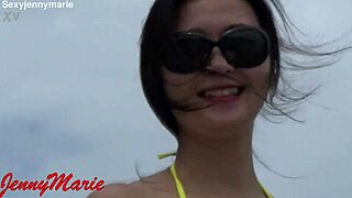 jenny marie rocks sexy new yellow bikini outdoors public tease