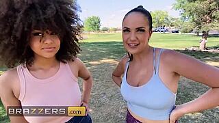 Watch Sofi Ryan play with Nina Diaz's tight setup while bouncing on Xander Corvus's equipment from Brazzers