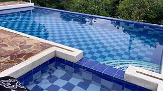 Horny pool guy fucks busty Latina milf outdoors with deepthroat and wet tits action