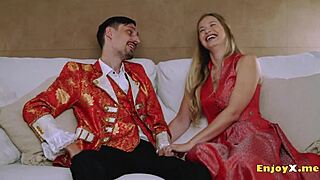 insatiable blonde with shaved pussy and stockings sucks cock hard then gets fucked deep