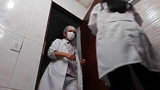 Nurse, why pull off the condom for that Asian doc's raw bathroom fuck?