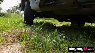 uh big boobed blondie jenessa dawn strips naked outdoors...