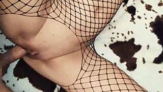 Fishnet milf spreads ass for closeup pov anal fuck