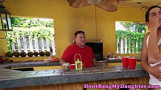 petite neighbor girl next door rides old man's cock anally outdoors