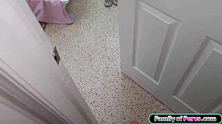 stepbro catches blonde teen masturbating then deepthroats her small tits