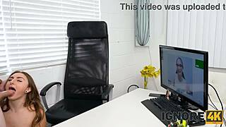 brunette with natural tits and piercings in intense casting interview on desk