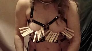 French Slave Self-Binds Leather Harness Mouth Spreader Orgasm