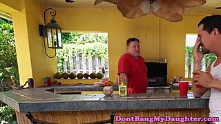 petite neighbor girl next door rides old man's cock anally outdoors