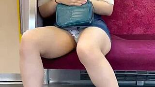 Chinese babe flashes panties on crowded train.