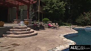 Um, slender brunette Tamara Jade fingers her big pussy lips poolside till she cums so hard...