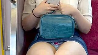 Chinese babe flashes panties on crowded train.